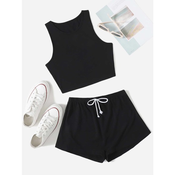 WILA Pants - black two piece set: Crop Tank Top & Knot Front Shorts athleisure